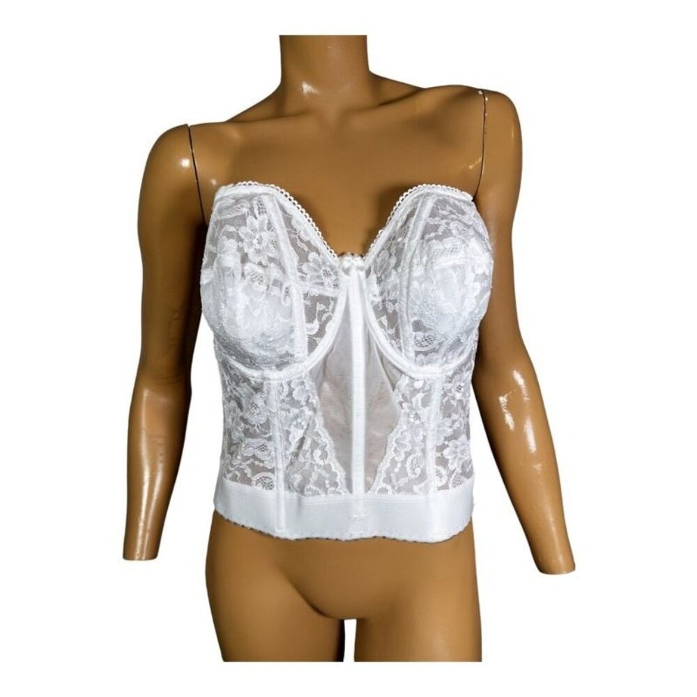 Vintage Goddess Corset Longline Bra 38D White Floral Underwire Boned Lace Nylon